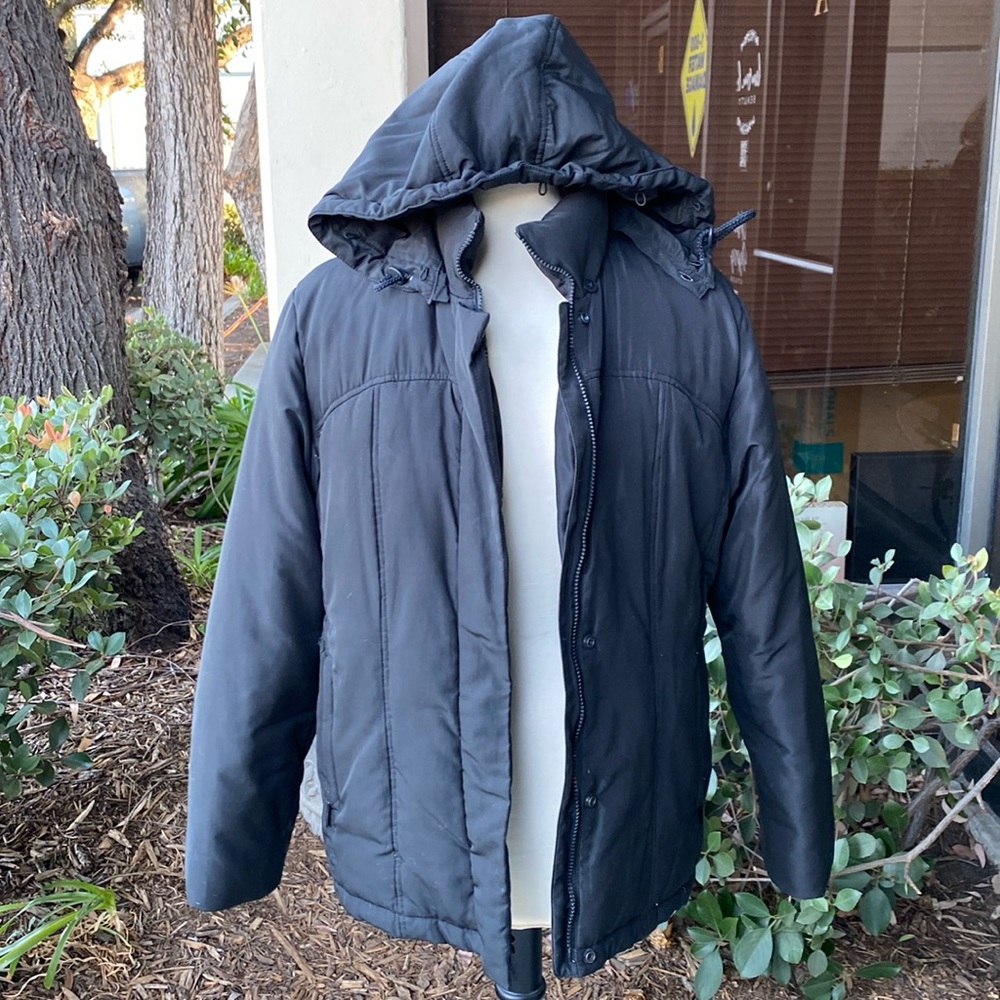 Woman’s black, zip up jacket with hood. New York and Company.in size L